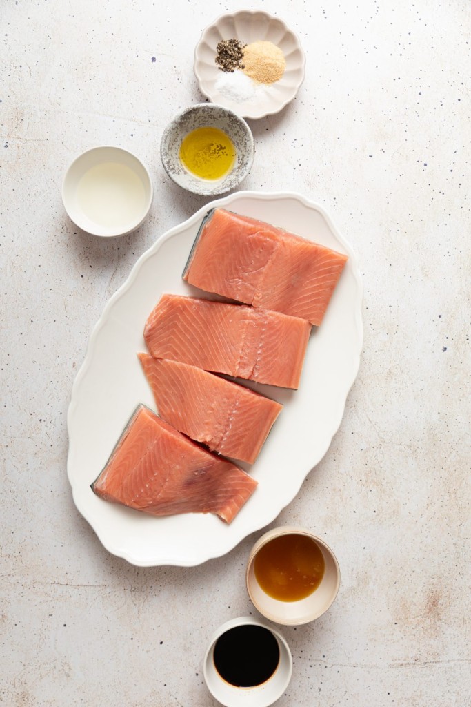 Above view of ingredients for a honey glazed salmon recipe
