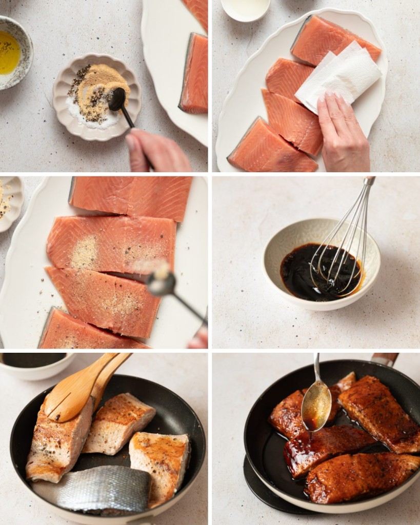 Pictures of the step by step assembly of honey glazed salmon. Seasonings mixing, patting salmon dry and seasoning salmon, mixing the honey glaze and then searing the salmon and cooking it in the glaze.