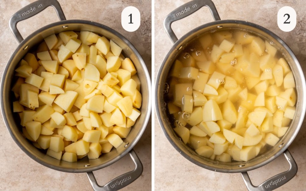 Step 1 and step 2 for making creamy mashed potatoes
