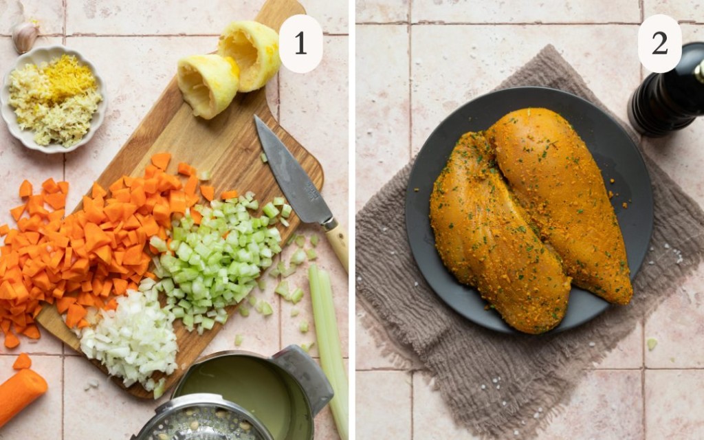 A picture of diced carrots, celery and onion on a cutting board next to a picture of seasoned chicken breasts on a plate