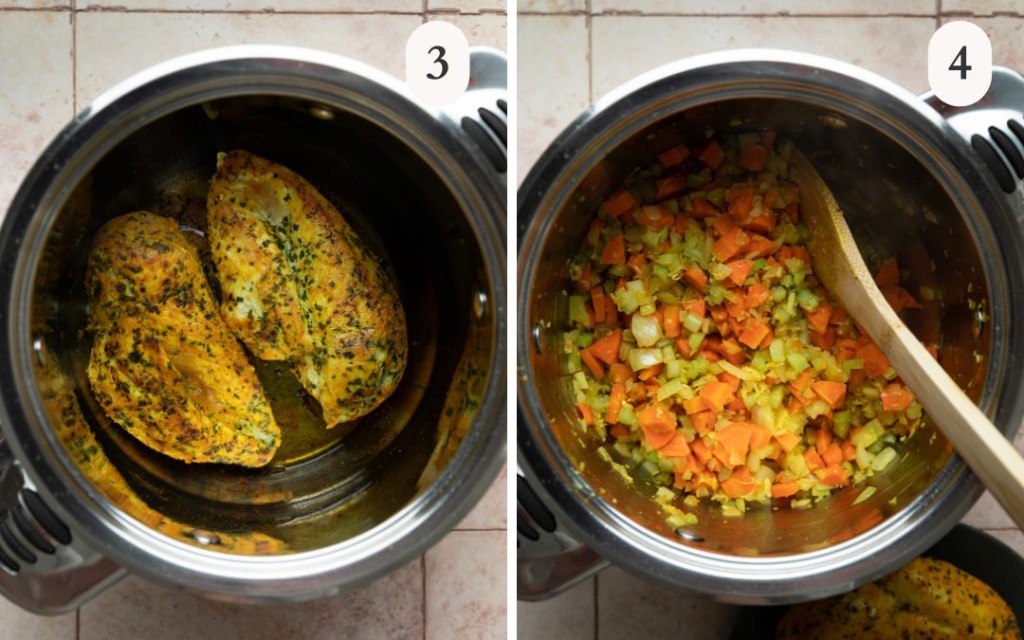 A picture of seared seasoned chicken breasts in a soup pot next to a picture of carrots, celery and onion sauteing in the soup pot