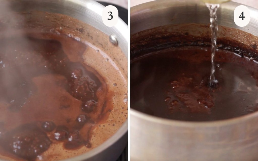 Steps 3 and 4 of peppermint mocha syrup creation