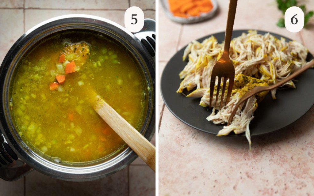 A picture of chicken broth in a soup pot with soup underneath next to a picture of chicken breasts being shredded with two forks on a grey plate