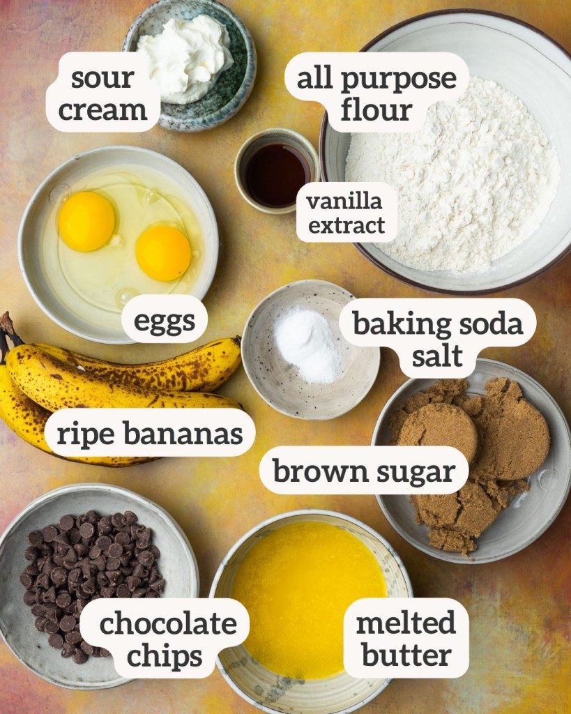 Above view of ingredients for banana chocolate chip bars