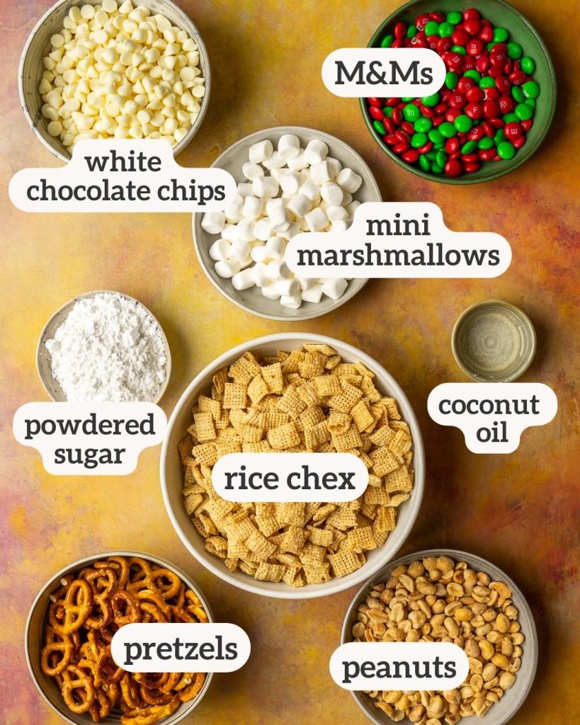 Above view of ingredients for a christmas chex mix recipe