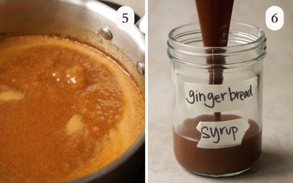 gingerbread syrup simmering in a sauce pan next to gingerbread syrup pouring into a glass jar for storage