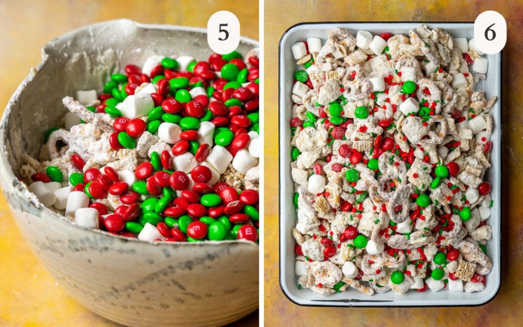 Christmas M&Ms and marshmallows poured on top of chex mix next to a picture of the christmas chex mix cooling
