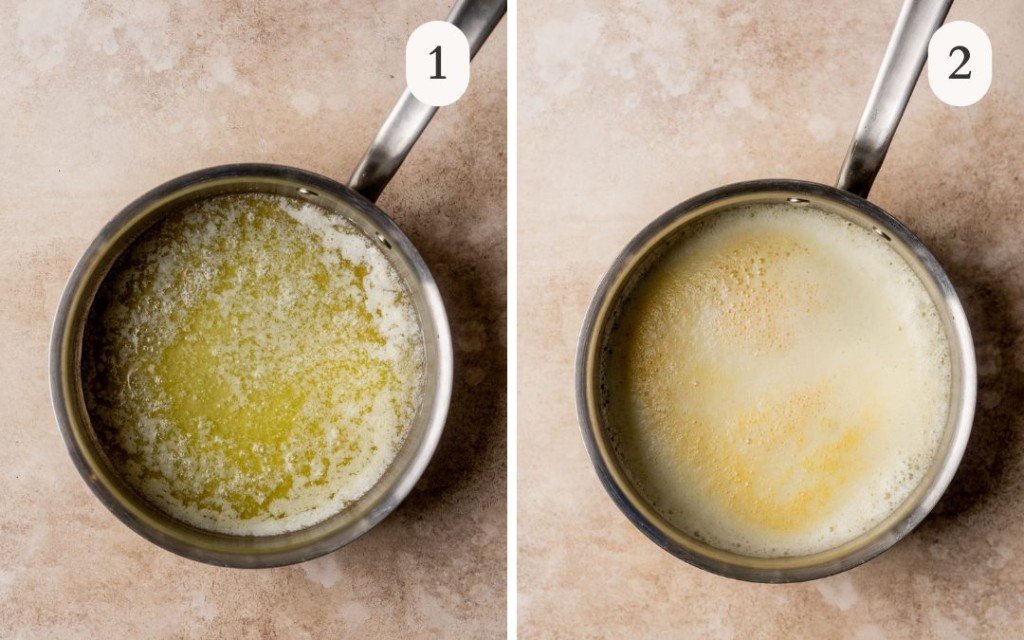 Above view of making browned butter in a skillet