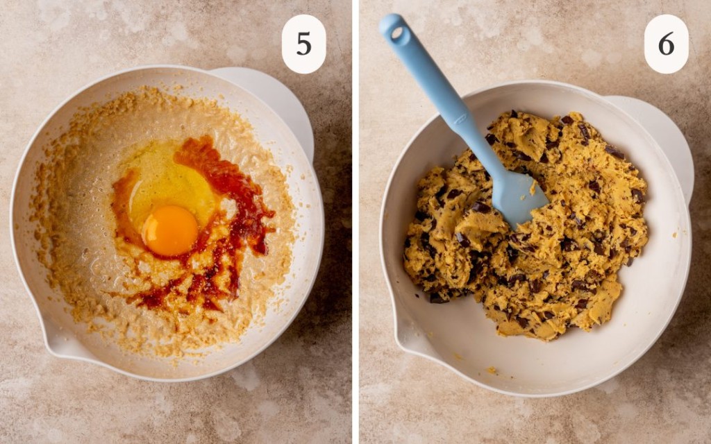 Cookie dough getting mixed next to a bowl of fully mixed cookie dough