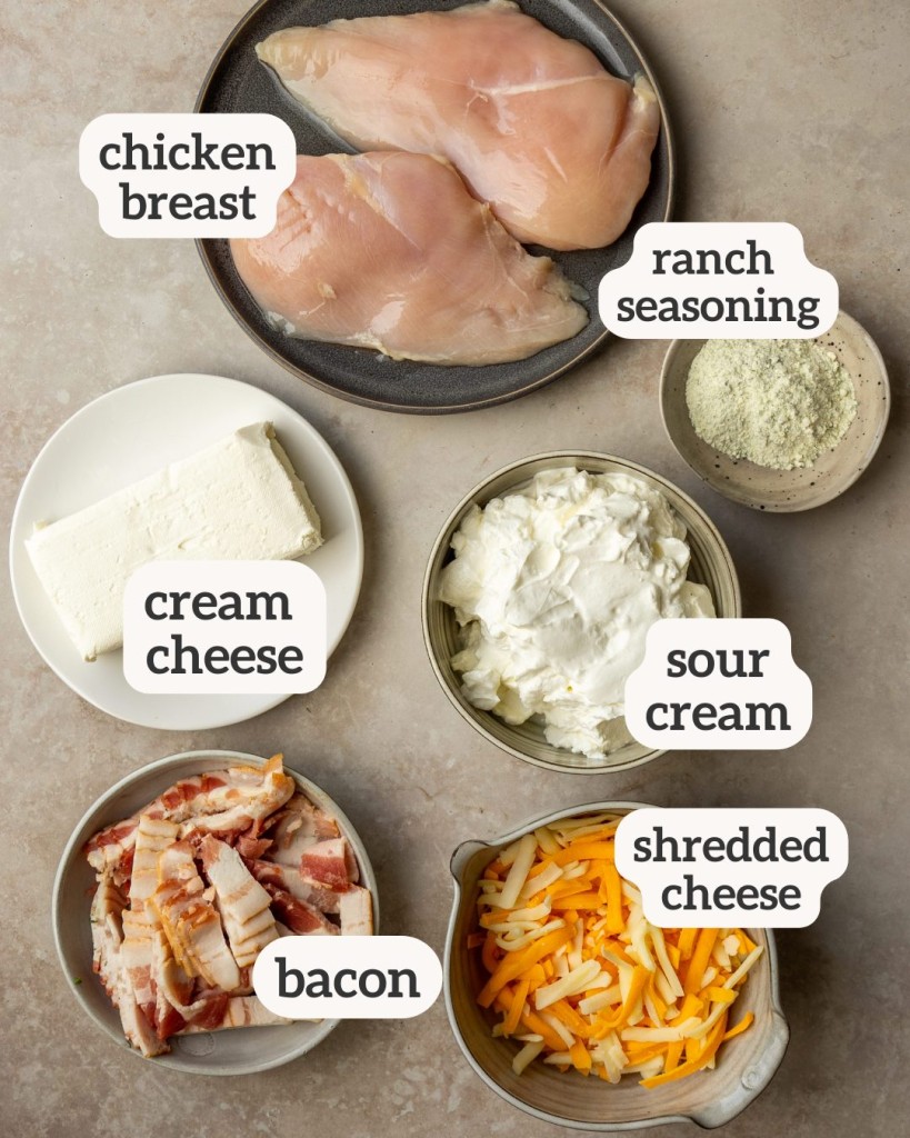 above view of ingredients for a chicken bacon ranch dip