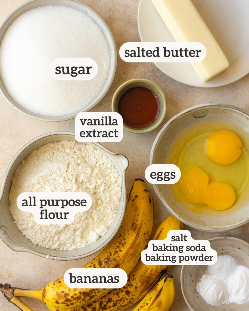 Above view of ingredients for brown b utter banana bread
