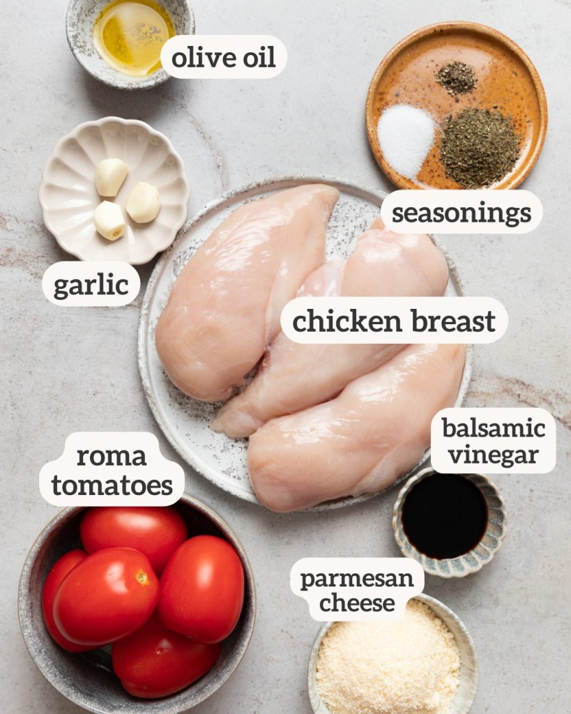 Above view of ingredients for bruschetta chicken recipe