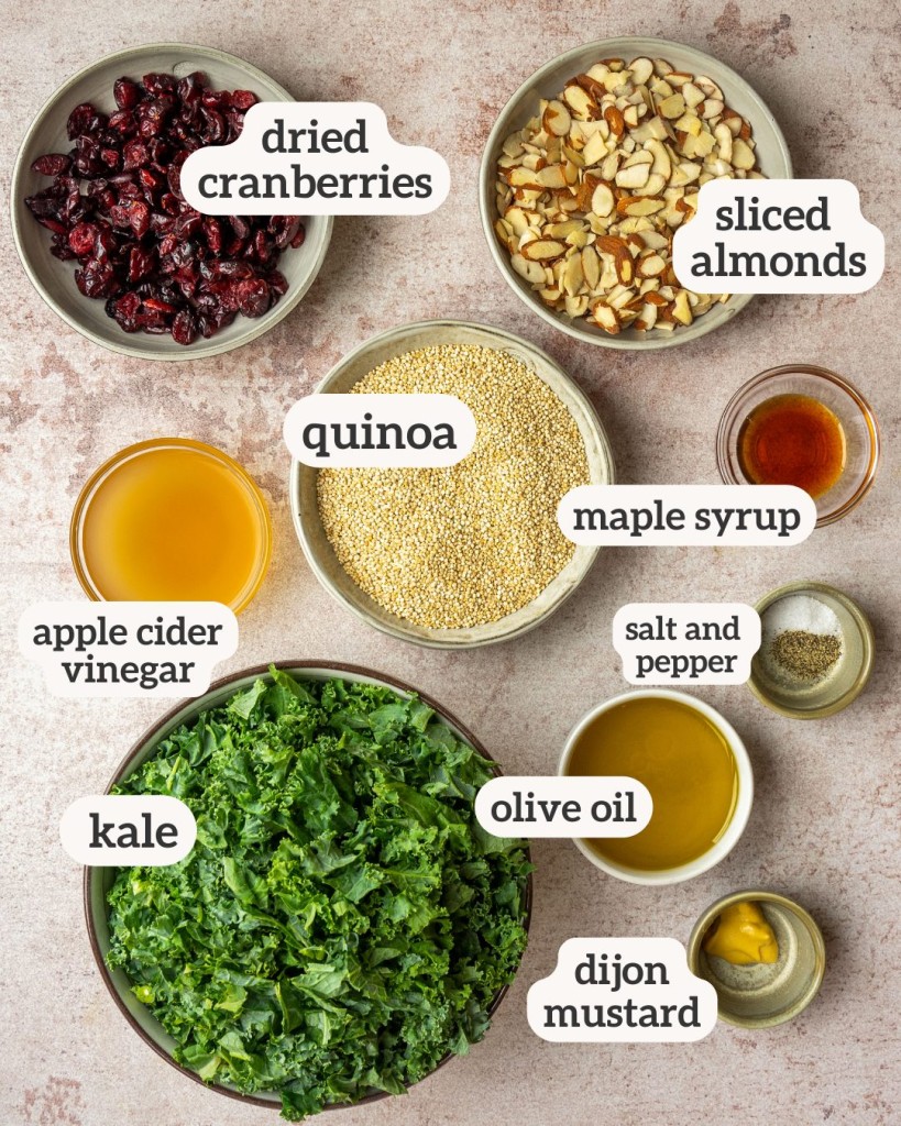Above view of ingredients for a kale quinoa salad