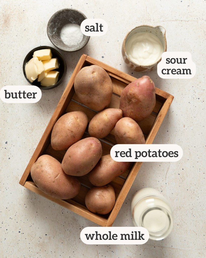 Above view of ingredients for mashed red potatoes