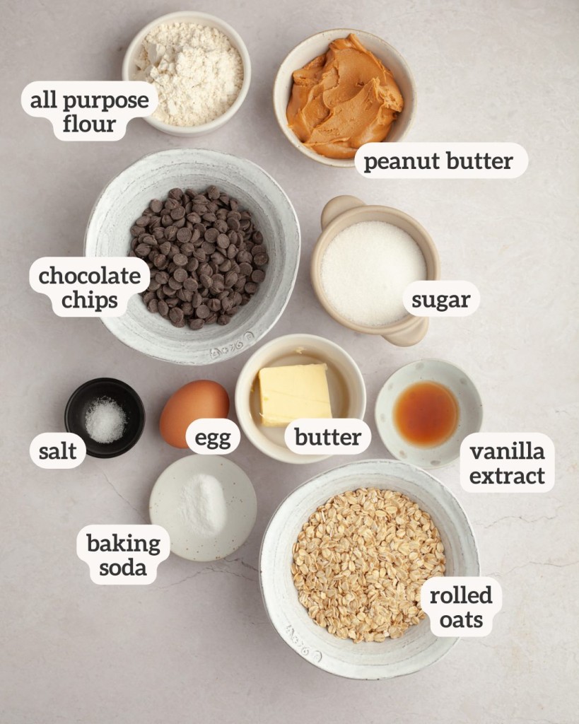 Above view of ingredients for peanut butter oatmeal chocolate chip cookies