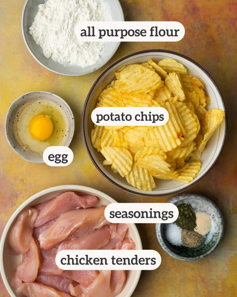 Above view of ingredients for potato chip chicken with labels on each ingredients