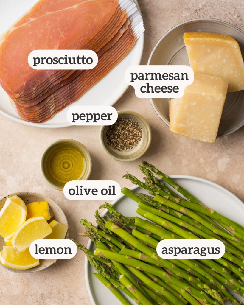 Above view of ingredients for prosciutto wrapped asparagus