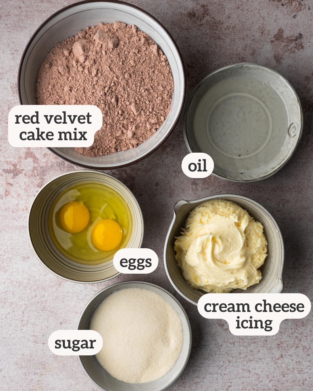 above view of ingredients for cookies made with red velvet cake mix with labels on each ingredient