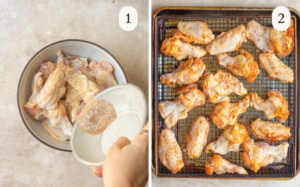 A photo of a seasoning blend pouring onto chicken wings next to a photo of seasoned chicken wings in an air fryer tray