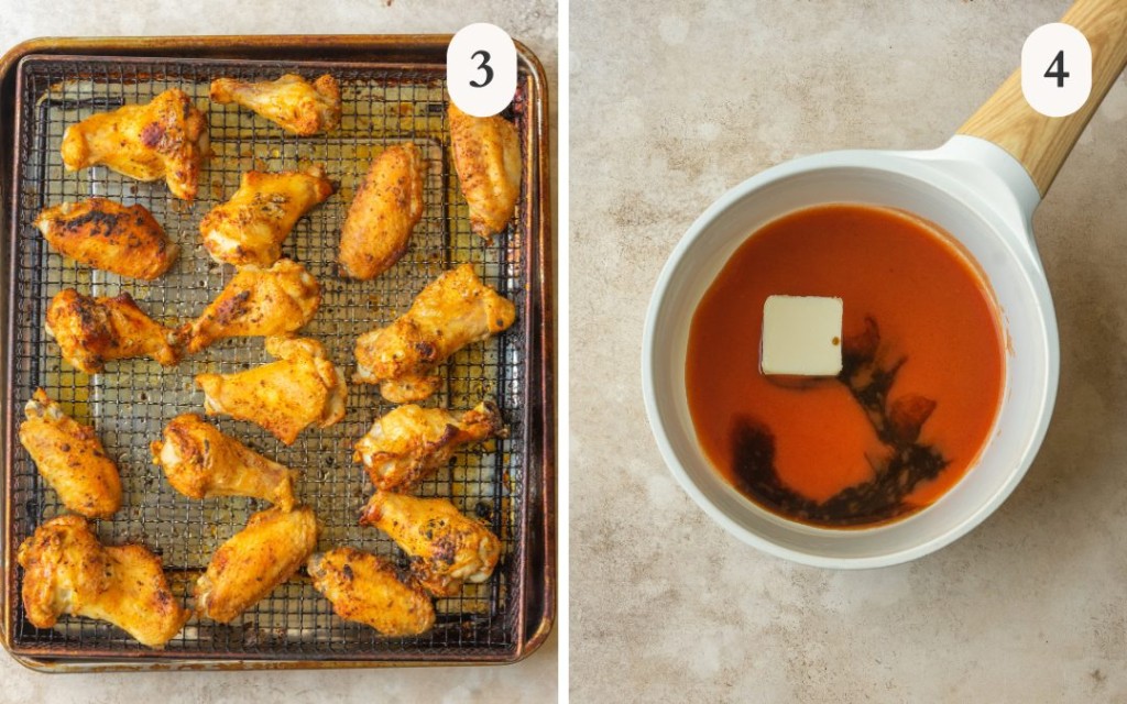 A photo of cooked chicken wings in an air fryer tray next to a photo of hot sauce, butter and worcestershire sauce in a sauce pan