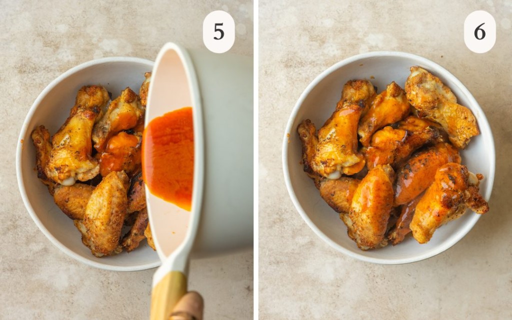A picture of buffalo sauce pouring over air fried wings next to a bowl of cooked chicken wings with buffalo sauce on top