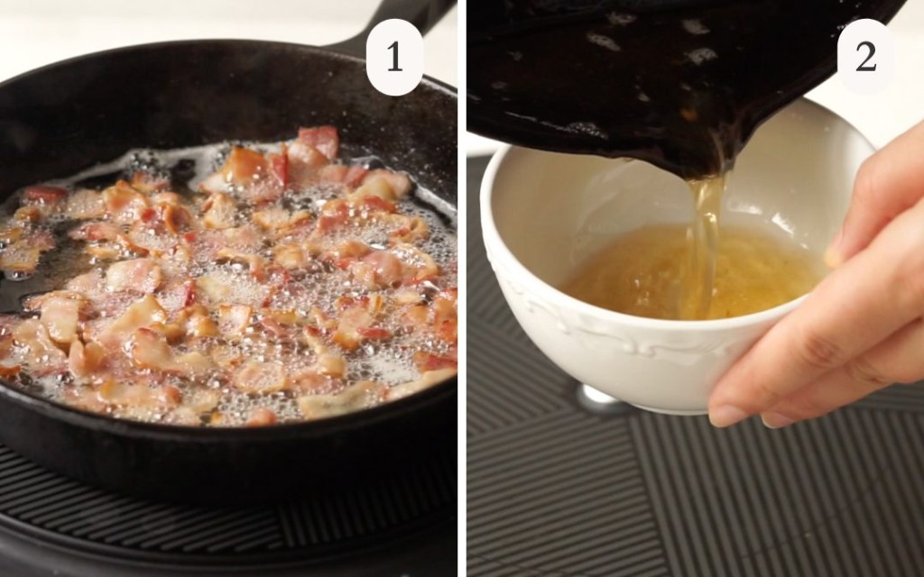 A photo of bacon cooking next to a picture of bacon grease pouring out of a pan