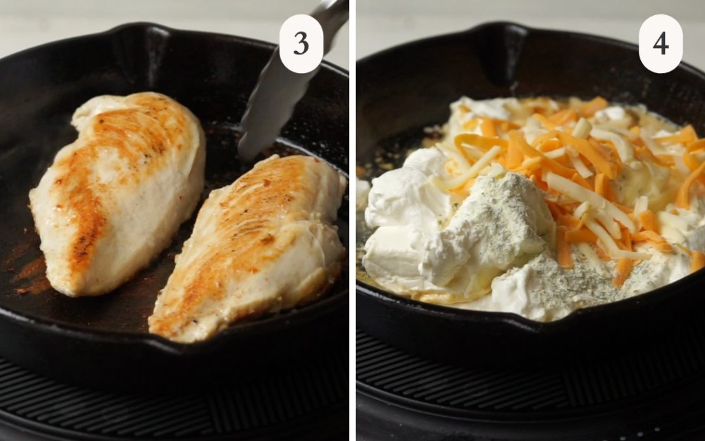 a picture of chicken breasts searing in a skillet next to a picture of cheese dip ingredients in a skilet