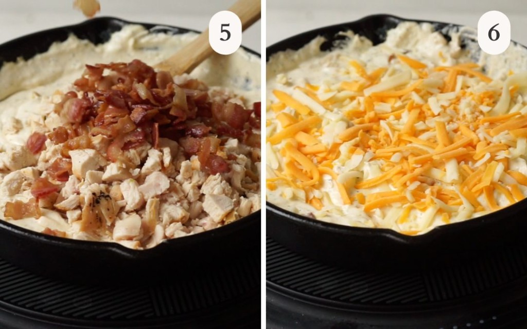 A picture of chopped chicken and bacon on cream cheese in a skillet next to a picture of a creamy chicken dip with cheese on top