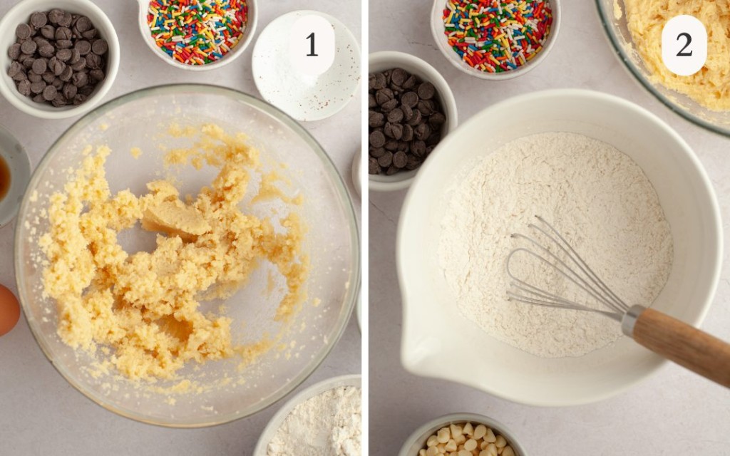A photo of butter, sugar and brown sugar creamed together next to a picture of flour, salt and baking soda in a mixing bowl