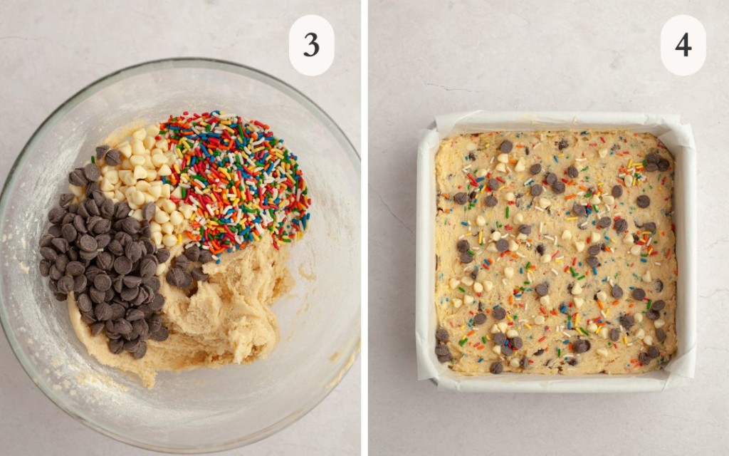 A photo of cookie dough in a mixing bowl with chocolate chips, white chocolate chips and sprinkles next to a picture of birthday cookie cake dough in an 8x8 baking pan
