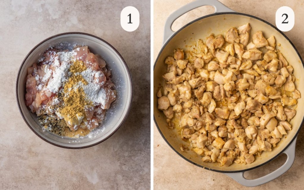 A picture of cubed chicken thighs in a bowl with seasonings on top next to a picture of chicken thighs sauteed in a frying pan