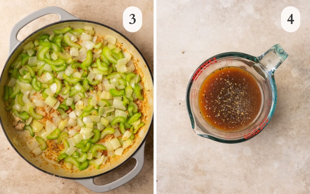 A picture of celery and onions sauteeing in a frying pan next to a picture of a black pepper stir fry sauce in a glass cup