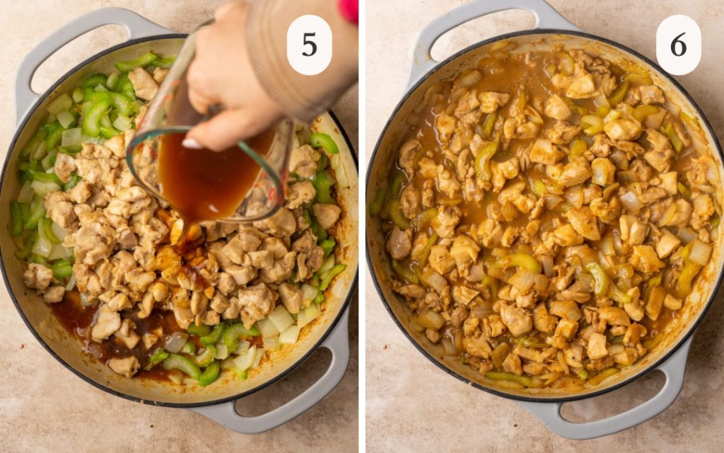 A picture of stir fry sauce pouring over chicken thighs, celery and onions next to a picture of chicken, onions and celery simmering in a stir fry sauce