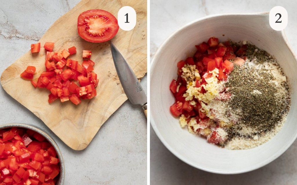 A photo of diced roma tomatoes next to a photo of the ingredients for bruschetta in a bowl