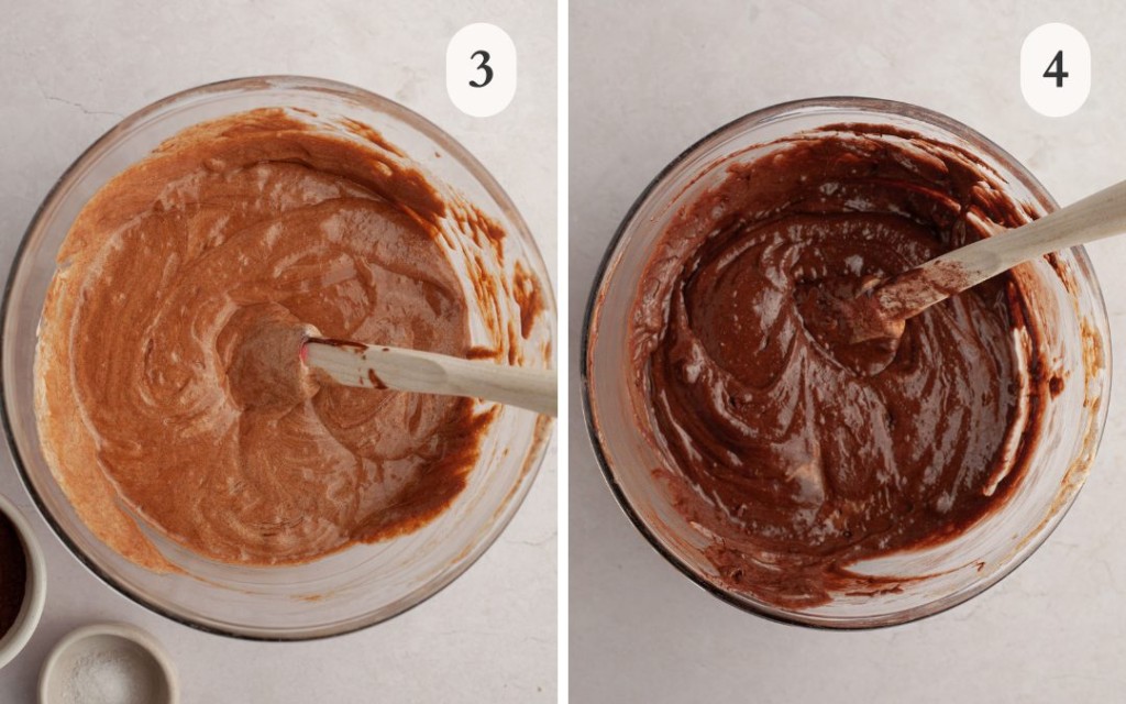 two pictures of chocolate peanut butter brownie batter side by side