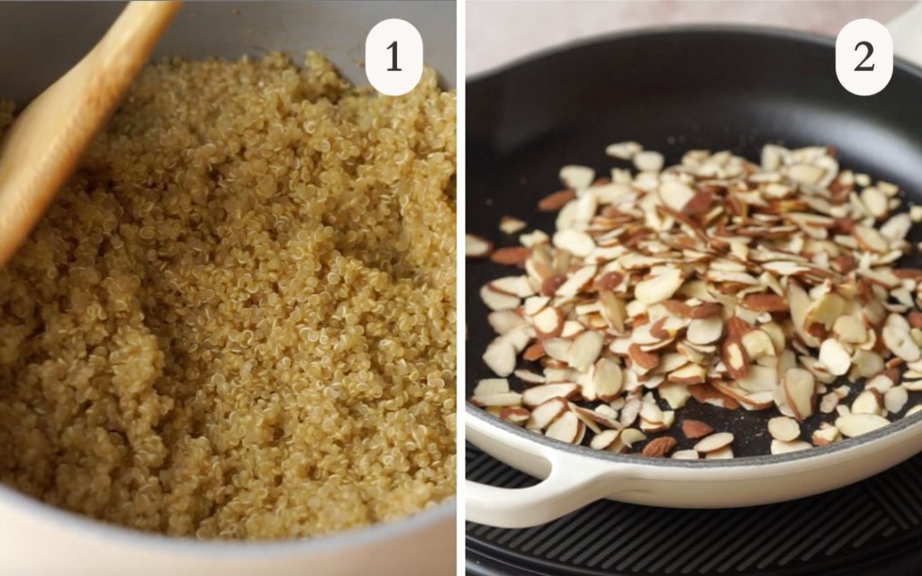 A picture of cooked quinoa in a pot next to a picture of a toasted almonds in a skillet