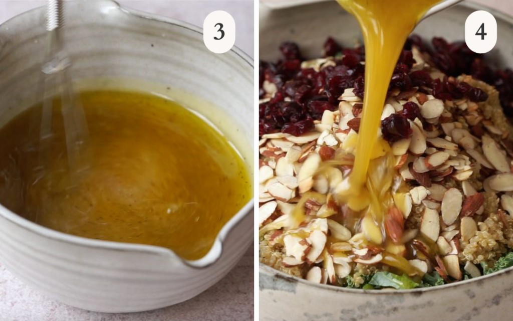 A picture of a simple vinaigrette next to a picture of a vinaigrette pouring into a salad bowl
