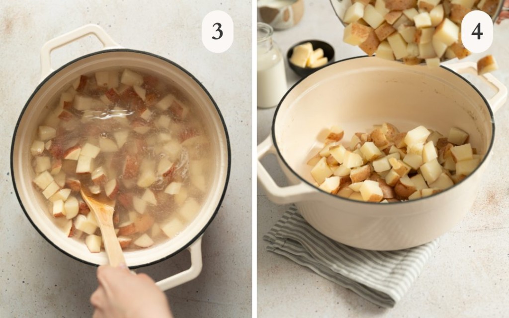 A photo of boiling red potatoes being stirred next to a photo of warm boiled red potatoes in a pot