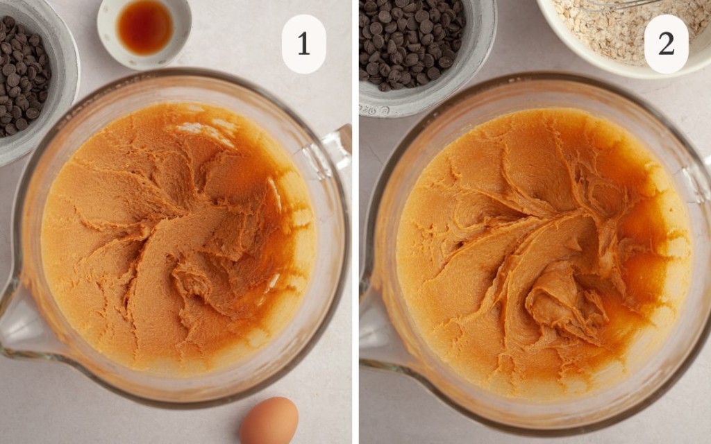 A picture of peanut butter mixed with butter and sugar next to a picture of peanut butter, butter, sugar, egg and vinlla mixed