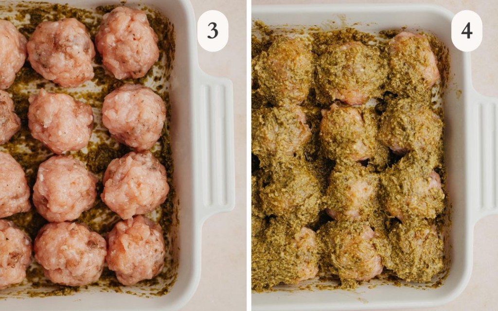a picture of rolled turkey meatballs in a baking dish lined with pesto next to a picture of turkey meatballs in a baking dish with pesto on top