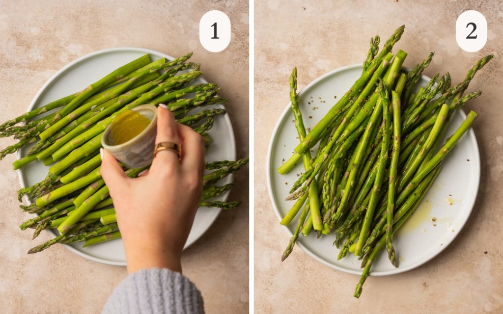 A photo of asparagus on a plate with a small bowl of olive oil pouring onto the asparagus next to a picture of asparagus on a plate with oil and pepper