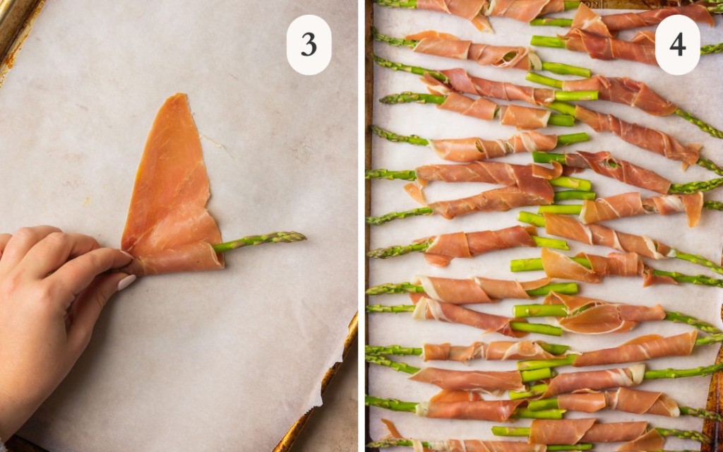 A photo of a hand wrapping a piece of asparagus in prosciutto next to a picture of many stalks of asparagus wrapped in prosciutto on a sheet pan lined with parchment
