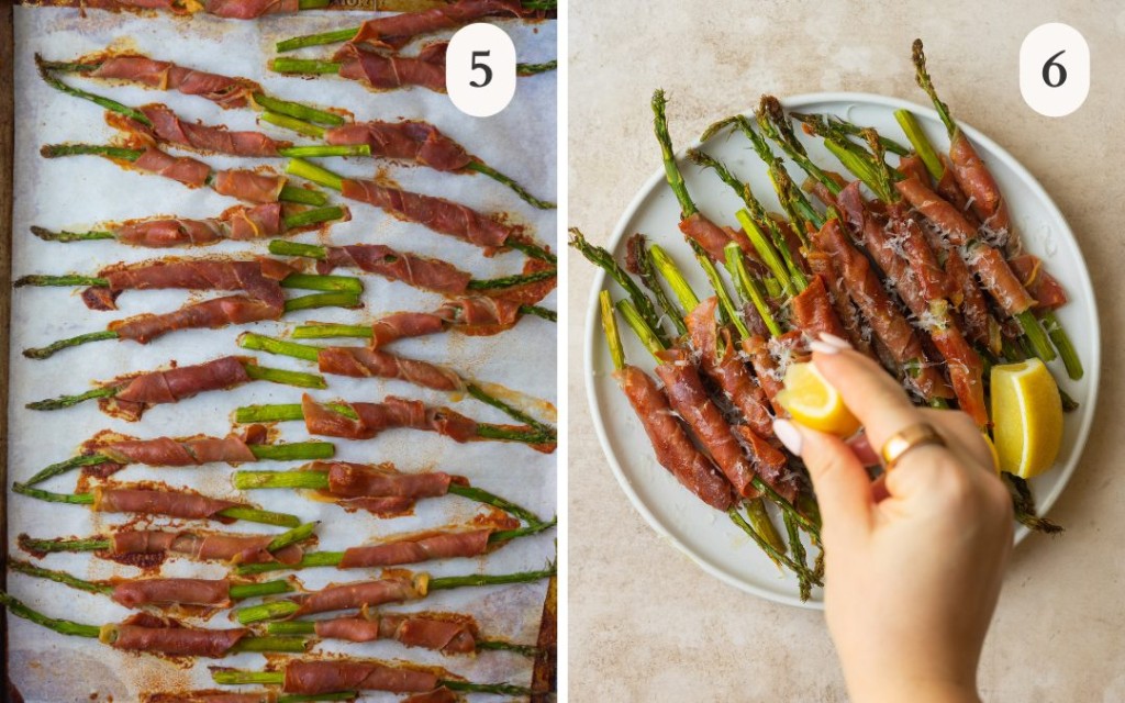 a photo of roasted asparagus wrapped in prosciutto on a baking sheet next to a photo of a hand squeezing lemon juice onto prosciutto wrapped asparagus