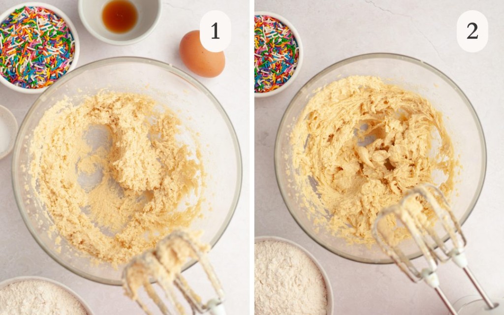 A photo of sugar creamed with butter next to a picture of butter, sugar, egg and vanilla extract mixed together