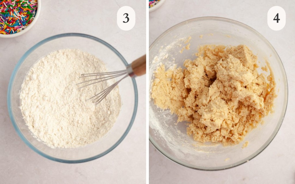 A picture of flour, baking soda, baking powder and salt mixed together in a mixing bowl with a whisk in the bowl next to a picture of sprinkle cookie dough in a mixing bowl
