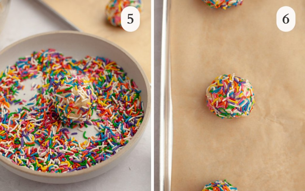 A picture of a cookie dough ball rolled in a bowl of rainbow sprinkles next to a picture of a sprinkle cookie dough ball on a parchment lined baking sheet