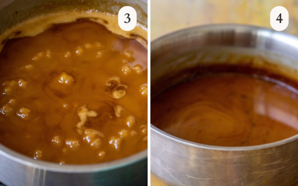 two images side by side. one with brown sugar and coconut milk simmering next to an image of sugar cookie syrup in a sauce pan