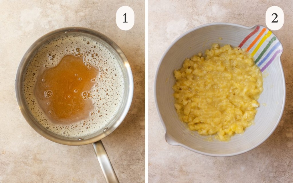 A picture of brown butter in a sauce pan next to a picture of mashed bananas in a large mixing bowl