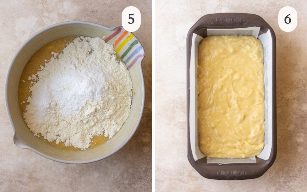 A picture of flour in a mixing bowl for banana bread next to a picture of banana bread batter in a loaf pan