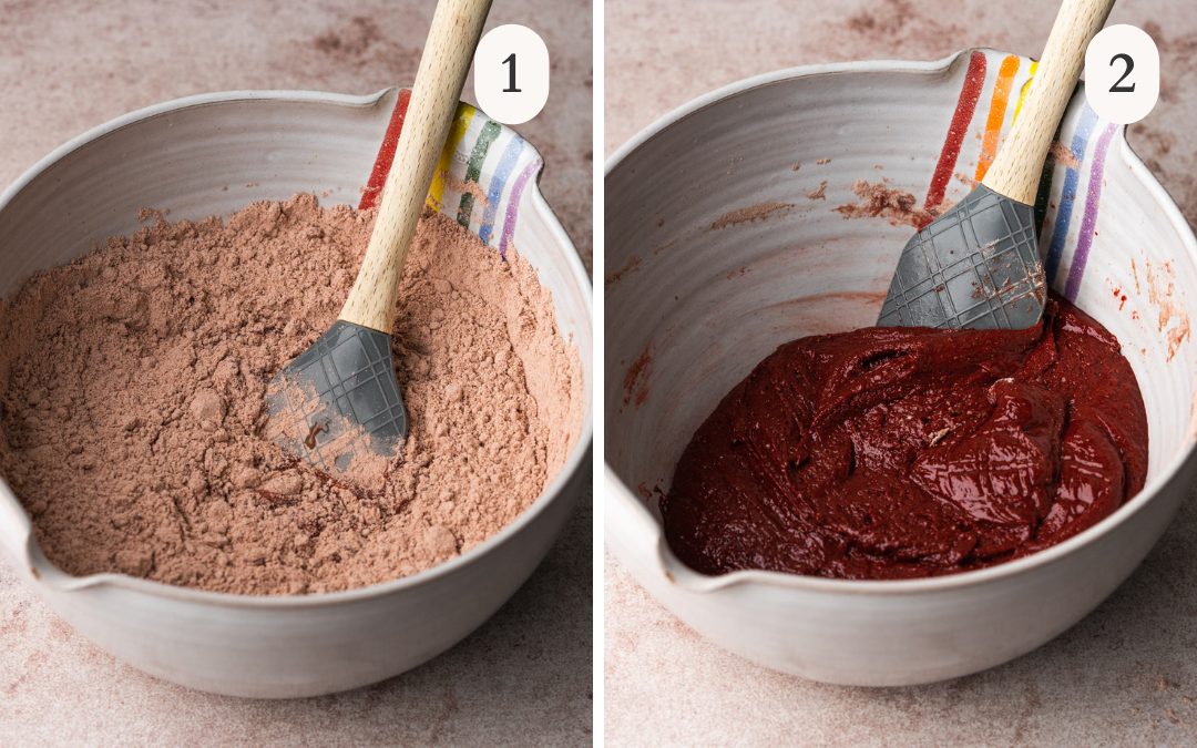 A picture of red velvet cake mix in a mixing bowl next to a picture of red velvet cookie dough in a large mixing bowl